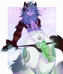 absurd_res anthro aroused clothing domestic_cat eyewear felid feline felis genitals glasses hi_res male male_only mammal nude paws penis pose slay smile smirk solo stretchy thong tokkot underwear waist wide_hips