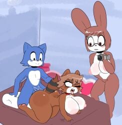 absurd_res ahe_gao anthro areola ass bed big_breasts big_butt bite biting_lip blue_body blush breasts brown_body camera canid canine choker choker_only cuckquean demon dr._emilia_(e254e) eyewear facial_scar female furniture genitals glasses group hi_res holding_camera holding_object jewelry lagomorph leporid looking_pleasured male mammal masturbation necklace necklace_only nipples nude penis pillow pink_body rabbit raccoon_dog savagensfw scar sex sex_on_bed tail tanuki teeth tongue trio vulva wearing_glasses white_body zan_(zanthippe1)