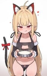 :d absurdres ahoge animal_ear_fluff animal_ears bare_shoulders black_bra black_panties black_ribbon blonde_hair blush bowl bra breasts cat_ears cat_tail cleavage_cutout closed_eyes clothing_cutout cowboy_shot cum cum_in_bowl cum_in_container detached_sleeves female h.pn hair_ribbon heart highres holding holding_bowl long_hair medium_breasts original panties pet_bowl pointy_ears red_eyes ribbon smile solo straight tail twintails underwear very_long_hair white_background
