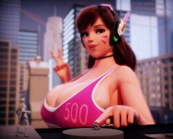 1girls 2boys alternate_version anonymous_male asian asian_female big_breasts breasts brown_hair brown_hair_female brunette_hair cheek_markings clothed clothed_female d.va female female_focus giant_female giant_woman giantess hana_song huge_boobs huge_breasts korean korean_female light-skinned_female light_skin male scrag_d.va textless_version thank_you