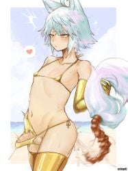 1boy absurdres anal_beads anal_tail animal_ears bar_censor bikini blue_hair blush censored cum cum_in_ass ejaculation elbow_gloves fake_tail gloves gold_bikini gold_gloves gold_thighhighs highres male_focus micro_bikini nohtuy original otoko_no_ko penis red_eyes sex_toy short_hair swimsuit tail