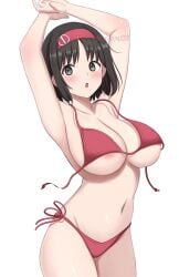 areola_slip armpits arms_up bare_arms bare_belly bare_legs bare_shoulders bare_thighs belly_button bikini black_eyes black_hair blush body_blush breasts cleavage collarbone erika_(pokemon) groin hairband huge_breasts medium_hair parted_lips pokemon red_bikini shiny_skin side-tie_bikini_bottom sideboob surippa1010 thighs underboob untied_bikini untied_bikini_top