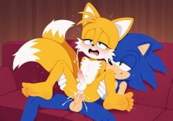 aged_up ai_generated blush carrying_partner cum cum_in_ass cumming cumming_from_anal_sex cumming_inside cumming_together cute_face ejaculation feet gay half-closed_eyes homosexual legs_apart miles_prower moaning penis penis_in_ass penis_size_difference reverse_cowgirl_position smiling_at_partner sonic_(series) sonic_the_hedgehog sonic_the_hedgehog_(series) tails tails_the_fox yaoi