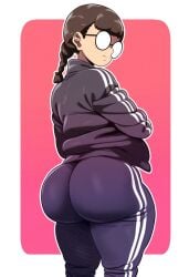 ai_generated ass big_ass d-art_style fogged_glasses freckles from_behind glasses looking_back nerd schoolgirl track_suit twintails