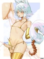 1boy absurdres anal_beads anal_tail animal_ears anus bar_censor bikini blue_hair blush censored cum cum_in_ass ejaculation elbow_gloves erection fake_tail gloves gold_bikini gold_gloves gold_thighhighs highres male_focus micro_bikini nohtuy open_mouth original otoko_no_ko penis red_eyes saliva sex_toy short_hair swimsuit tail