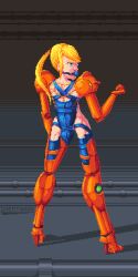 armbinder ball_gag blonde_hair blue_eyes bondage bound bound_arms daent exoskeleton female female_only femsub gag gagged high_heels metroid pixel_art png ponytail samus_aran