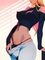 balls_in_panties big_breasts blonde_hair bulge bulge_grab bulge_through_clothing exposed_shoulders futa_only futanari nipples nipples_outside panties red_lipstick spade_nsfw tight_clothing unseen_futa_face
