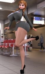 3d 3d_(artwork) aged_up anna_(frozen) ass auburn_hair big_ass big_breasts bimbo bimbofied braided_hair braided_twintails breasts breasts_bigger_than_head curvy disney disney_princess eyelashes female female_focus front_view frozen_(film) fully_clothed high_heels highres hourglass_figure huge_ass huge_breasts large_breasts legs looking_at_viewer midriff outfit pantyhose pink_lipstick pose princess public ruidx shiny shiny_skin solo_focus standing standing_on_one_leg stiletto_heels tight_clothing