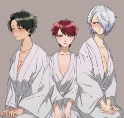 3girls auburn_hair blush canon_couple cleavage dark_green_hair embarrassed facial_scar gegege_no_kitarou genderswap_(mtf) green_hair hair_over_one_eye iwako_(gegege_no_kitarou) kimono kitarou_tanjou_gegege_no_nazo looking_at_viewer married_couple mature mature_female medama_oyaji_(human) milf mizuki_(gegege_no_kitarou) red_eyes red_hair rule_63 scar scar_across_eye short_hair sitting swingers tapoemon very_short_hair white_hair wife_and_wife yuri