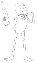 2025 absurd_res artist_name big_dill_(fortnite) black_and_white chains digital_media_(artwork) dildo epic_games feet food food_creature fortnite genitals gesture hand_gesture hi_res humanoid jewelry lewdware male monochrome not_furry nude penis pointing sex_toy solo text watermark
