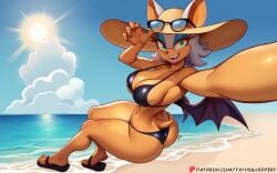 absurd_res anthro ass bat beach big_ass big_breasts bikini biped breasts cleavage clothed clothing detailed_background eyewear female footwear furry glistening glistening_body hat headgear headwear hi_res looking_at_viewer looking_back looking_back_at_viewer mammal navel open_mouth outside pupils rouge_the_bat sandals sega selfie shoes smile solo sonic_(series) sonic_the_hedgehog_(series) sun sun_hat sunglasses swimwear thick_thighs thyhsilverfeet two-piece_swimsuit