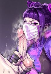 1boy 1girls about_to_cum ai_generated angry_face ball_grab capcom clothed_female_nude_male crackajack777 face_mask female juri_han male musk orgasm_denial purple_hair purple_nails smell street_fighter sweating tagme unseen_male_face whitecloth