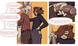 anthro biped bodily_fluids brown_hair clothed clothing dialogue duo erection erection_under_clothing eyebrows eyewear felid fingers genital_fluids genitals glans glasses hair hi_res humanoid_genitalia humanoid_penis lagomorph leo_(theelgenerate) leporid lion male male/male mammal open_mouth open_smile pantherine penis precum rabbit smile speech_bubble standing teeth theelgenerate white_hair