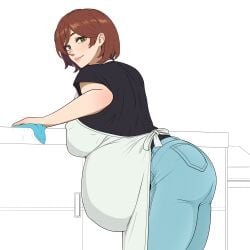 1girls apron ass big_breasts big_hero_6 black_shirt blue_pants bottomwear breasts brown_hair cass_hamada clothing female female_only green_eyes hair kristiadder mature mature_female mature_woman milf pants pregnant pregnant_belly pregnant_female shirt short_hair solo solo_female topwear white_apron
