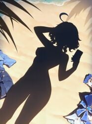 absurd_res ahoge ai_generated arm_behind_head arm_up beach blue_gemstone blue_hair blue_jacket breasts cellphone clothes completely_nude cowlick day dress feet_out_of_frame female female_pov furina_(genshin_impact) genshin_impact hand_up holding holding_phone jacket large_breasts lying medium_breasts medium_hair ministro nipples nude ocean on_back outdoors palm_tree phone sand selfie shadow shirt shore short_hair silhouette smartphone solo standing taking_picture thighs tree unworn_clothes unworn_dress unworn_gloves unworn_jacket unworn_shirt water