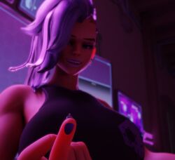 1boy 1girls 3d 3d_(artwork) alternate_version big_breasts bikini bikini_top blizzard_entertainment breasts dark-skinned_female dark_skin dbhfrost female female_focus huge_boobs huge_breasts male mexican mexican_female olivia_colomar overwatch overwatch_2 purple_hair purple_hair_female shrunk shrunken_male sombra