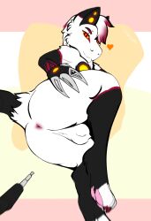 ampwave anthro anus ass backsack balls black_markings digital_media_(artwork) digitigrade eyebrow_piercing eyebrows facial_piercing flat_colors fur genitals hand_on_butt heart_symbol hi_res lint_(lintwave) lintwave male markings orange_eyes pawpads piercing pink_pawpads presenting presenting_anus presenting_balls presenting_hindquarters red_markings simple_background slight_smile solo technology white_body white_fur