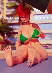 1boy 1girls alternate_angle ass barefoot beach big_ass big_breasts big_butt bikini breasts butt cartoon_network collar dbhfrost female female_focus foster's_home_for_imaginary_friends frankie_foster giantess green_bikini happy happy_female height_difference large_ass large_boobs large_breasts large_butt light-skinned_female light_skin male playful playful_face playful_smile red_hair redhead_female shrunk shrunken_male size_difference