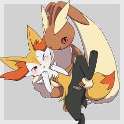 absurd_res anthro band-aid band-aid_on_genitals band-aid_on_pussy band_accessory bandage biped black_body blush braixen canid cheek_tuft covered_pussy duo facial_tuft female fur generation_4_pokemon generation_6_pokemon genitals hi_res hurai_of_kaki inner_ear_fluff looking_at_viewer lopunny mammal mouth_closed multicolored_body multicolored_fur multicolored_tail nintendo orange_body orange_fur orange_nose pokemon pokemon_(species) pupils red_eyes simple_background solo tail tuft white_background white_body white_fur yellow_body yellow_fur
