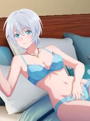 1girls anime bare_shoulders bed bedroom blue_bra blue_eyes blue_lingerie blue_panties blue_underwear bra breasts cleavage collarbone cute cute_face cute_girl female hand_on_pussy hourglass_figure kikuchi_fuuka lingerie looking_at_viewer medium_breasts necklace panties short_hair silver_hair slim_waist smile solo solo_female