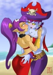 2girls arabian_clothes ass bandana bare_shoulders beach belt blue_eyes blue_skin blunt_katana blush bracelet breast_press breasts choker cleavage colored_sclera colored_skin couple dark-skinned_female dark_skin deep_skin earrings eye_contact grabbing_another's_ass groping half-closed_eyes hat hoop_earrings hug jewelry large_breasts lipstick long_hair looking_at_another makeup multiple_girls neck neck_ring necklace outdoors pants parted_lips pirate pirate_hat pointy_ears ponytail purple_hair red_eyes risky_boots scarf shantae shantae_(character) shantae_(series) shantae_and_the_pirate's_curse shiny_skin short_hair sideboob standing strapless symmetrical_docking tube_top very_long_hair yellow_sclera yuri