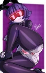 1girls anus artist_name artist_signature ass bowtie bunny_ears female female_only glitch_productions legs murder_drones playboy_bunny purple_hair pussy red_eyes robot robot_girl robot_humanoid rod_akihiro short_hair smiling solo solo_female stockings thighs yeva_(murder_drones)