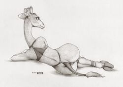 anthro ecmajor eyelashes female fur giraffe greyscale hooves mammal monochrome pussy smile solo