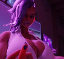 1boy 1girls 3d 3d_(artwork) alternate_version big_breasts bikini bikini_top blizzard_entertainment breasts dark-skinned_female dark_skin dbhfrost female female_focus huge_boobs huge_breasts male mexican mexican_female olivia_colomar overwatch overwatch_2 purple_hair purple_hair_female shrunk shrunken_male sombra