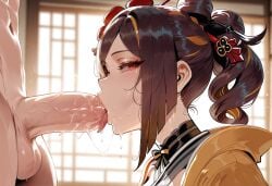 1boy 1girls ai_generated balls bangs blush breasts brown_hair chiori_(genshin_impact) clothed_female_nude_male clothing curvaceous curvaceous_female curvaceous_figure curvy curvy_figure erection eyeshadow fellatio female female_focus genshin_impact hair_bun hair_ornament hair_stick hoyoverse indoors japanese_clothes large_breasts large_penis licking light-skinned_female long_hair looking_at_viewer makeup male miyuai multicolored_hair nude oral penis ponytail red_eyes saliva saliva_trail semen sidelocks solo_focus straight streaked_hair sweat testicles tongue tongue_out traditional_clothes two-tone_hair veins veiny_penis voluptuous voluptuous_female wafuku