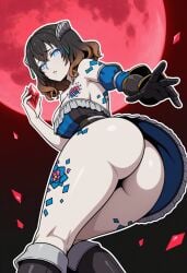 ai_generated ass ass bloodstained:_ritual_of_the_night blue_eyes brown_hair dat_ass dress dress_lift full_moon horns looking_back miriam_(bloodstained) moon night on_back pale-skinned_female pale_skin tattoo thighs wavy_hair