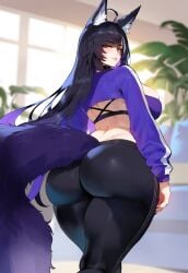 1girls ai_generated ass azur_lane big_breasts breasts female female_focus fox_ears hips huge_ass huge_breasts kitsune large_breasts makeup milf musashi_(azur_lane) navel purple_hair thick_thighs thighs wide_hips yellow_eyes yoga_pants