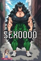 ai_generated black_shirt female fluffy_hair friki8otaku green_pants hilda_(oc) meme meme_reference messy_hair muscular muscular_female tennis