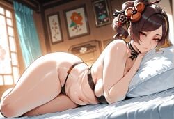 1girls ai_generated ass bangs bare_shoulders bed bed_sheet bedroom black_bra black_choker black_clothes black_panties black_underwear blonde_hair blush bra breasts brown_hair chiori_(genshin_impact) choker clavicle cleavage closed_mouth clothing curtains curvaceous curvaceous_female curvaceous_figure curvy curvy_figure earrings female female female_focus female_only flower genshin_impact hair_ornament hoyoverse indoors inviting inviting_to_sex jewelry lamp large_breasts lips looking_at_viewer lying makeup miyuai mole multicolored_hair navel on_bed on_side panties pantsu pillow ponytail presenting presenting_ass presenting_breasts presenting_hindquarters presenting_self red_eyes seductive seductive_look seductive_smile shiny_skin sidelocks smile solo stomach thick_thighs thighs topless underwear underwear_only voluptuous voluptuous_female window