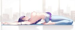 ai_generated big_breasts city_skyline genshin_impact nipples purple_hair raaicave raiden_shogun topless yoga_mat yoga_pants yoga_pose