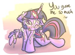 2014 alicorn blush cum cum_in_hair cum_on_face cum_on_wings cutie_mark dialogue english_text equine feathered_wings feathers female feral friendship_is_magic fur hair horn mammal multicolored_hair my_little_pony one_eye_closed peanutbtter purple_eyes purple_feathers purple_fur purple_hair solo text twilight_sparkle_(mlp) two_tone_hair wings