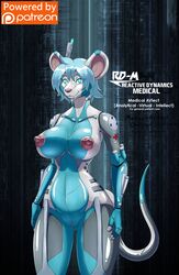 2017 android anthro big_breasts blue_eyes blue_hair breasts cybernetics female glowing glowing_eyes hair invalid_tag libra-11 machine mammal mouse navel nipples patreon pussy robot rodent smile solo