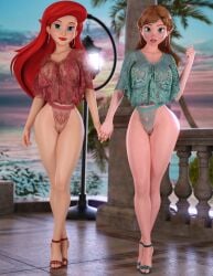 2girls 3d 3d_(artwork) auburn_hair big_breasts breasts breasts_visible_through_clothing disney disney_princess duo duo_female earrings eyelashes female frozen_(film) green_eyes high_heels holding_hands lace light-skinned_female light_skin lingerie lipstick nipples_visible_through_clothing outside pink_lipstick pussy pussy_visible_through_clothes red_hair red_lipstick ruidx standing the_little_mermaid thick_thighs wide_hips
