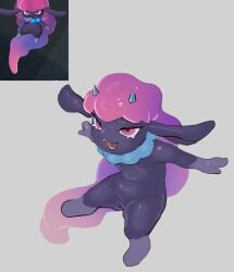 anthro biped blue_body blue_fur cute_fangs eyebrows fangs female fur genitals grey_background hair horn long_hair multicolored_body pal_(species) palworld pink_body pink_eyes pocketpair pupils purple_body pussy simple_background skeleton265 solo standing teeth
