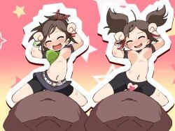 2boys 2girls areolae belt black_skirt breasts breasts_out brown_hair caramelldansen closed_eyes cowgirl_position cutout dancing dark-skinned_male female green_shirt heart_cutout interracial light-skinned_female long_hair male mv_character navel nazunobasho nipples open_mouth sex shirt short_sleeves shorts skirt star_(symbol) straight twintails white_belt