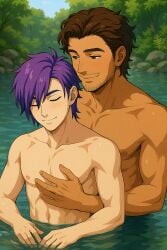claude claude_von_riegan facial_hair fire fire_emblem gay hugging_from_behind shez_(fire_emblem) shez_(fire_emblem)_(male)