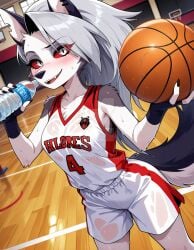 2025 ai_generated basketball_uniform black_eyes deviantart elryusam furry furry_ears furry_female furry_tail grey_hair helluva_boss holding_basketball holding_bottle loona_(helluva_boss) meta not_porn open_mouth pink_cheeks vivziepop wet_body wet_clothes wet_skin youtube