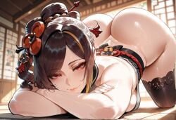1girls ai_generated all_fours ass back bangs bare_shoulders bed bent_over black_hair black_legwear black_thighhighs blush bottomless breasts brown_hair chiori_(genshin_impact) cleavage closed_mouth clothing crossed_arms curvaceous curvaceous_female curvaceous_figure curvy curvy_figure drill_hair female female female_focus female_only fingerless_gloves from_behind genshin_impact hair_ornament hair_stick hairpin hoyoverse huge_ass indoors inviting inviting_to_sex japanese_clothes jewelry large_breasts legwear light-skinned_female lips long_hair looking_at_viewer looking_back lying makeup miyuai mole multicolored_hair nude on_stomach ponytail presenting presenting_ass presenting_hindquarters presenting_self red_eyes seductive seductive_look seductive_smile shiny_skin sideboob sidelocks sitting smile solo solo_focus sweat tassel thick_thighs thighhighs thighs top-down_bottom-up traditional_clothes voluptuous voluptuous_female wafuku window