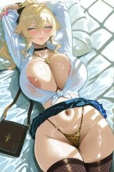 ai_generated areola_slip arms_up bangs blonde_hair blue_eyes blue_skirt blush breasts choker cleavage clsqw cross cross_earrings earrings female fishnets genshin_impact highleg jean_gunnhildr jewelry large_breasts long_hair looking_at_viewer lying navel on_back pillow ponytail shirt skirt smile solo thighhighs thighs tied_shirt white_shirt