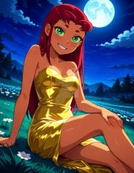 2025 ai_generated cartoon_network dc dc_comics deviantart elryusam golden_dress green_eyes hand_on_ground hand_on_knee meta not_porn orange_body orange_skin red_cheeks red_eyebrows red_hair sitting_on_grass sitting_on_ground starfire_(teen_titans) teen_titans teeth_showing