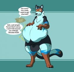 after_vore animal_genitalia anthro balls belly_rub churn churning claws darkcresentskymin dialogue digestion digestion_request duo ferox_(feroxdoon) fluffy fluffy_chest genitals green_eyes hi_res implied_fatal male male/male mammal mustelid musteline nonbinary_(lore) oral_vore pala_(feroxdoon) rumbling_stomach sheath soft_vore solo speech_bubble squirming standing stomach_bulge surprise surprised_expression tail true_musteline vore weasel whiskers wide_hipped_anthro wide_hipped_male wide_hips willing_pred willing_prey