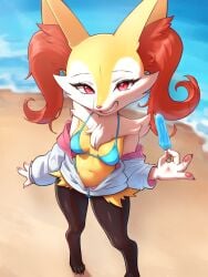 2024 3:4 anthro azuu barefoot bikini biped black_body braixen breasts canid canine clothing eyelashes feet female food fur furry generation_6_pokemon hi_res jacket looking_at_viewer mammal nintendo orange_body orange_fur pawpads pokemon pokemon_(species) popsicle red_eyes smile solo swimwear teeth topwear two-piece_swimsuit white_body white_fur yellow_body yellow_fur