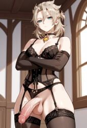 1boy 1femboy ai_generated albedo_(genshin_impact) arm_gloves arms_crossed balls big_penis black_lingerie bored bra choker garter_belt garter_straps genshin_impact hoyoverse lingerie maos mihoyo panties precum pubic_hair skindentation stockings thick_thighs throbbing_penis twink wide_hips