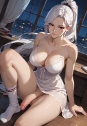 1futa ai_generated balls black_eyes dutch_angle flaccid futa_only futanari indoors intersex jamesbron knee_up large_breasts large_penis legwear long_hair looking_at_viewer night nightgown no_panties penis ponytail sitting_on_floor smile smug socks solo solo_futa thighs white_hair white_legwear wide_hips window