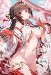 ai_generated breasts cherry_blossoms daytime honkai:_star_rail japanese_clothes lingsha_(honkai:_star_rail) naked_female nipples raaicave sky_background