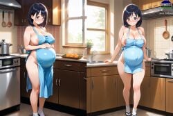 ai_generated apron apron_only baised blue_eyes blush character_milfeena dark_hair female hand_on_stomach happy kitchen large_areolae large_ass large_breasts milf milfeena pot potted_plant pregnant short_hair shortstack shy shy_smile spatula window